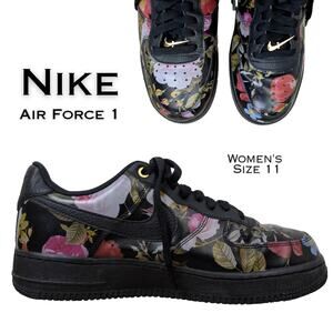 Nike Womens Air Force 1 Size 11 Low Black Floral Leather Sneakers A1017-002